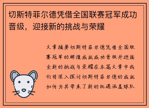 切斯特菲尔德凭借全国联赛冠军成功晋级,迎接新的挑战与荣耀 切斯特菲尔德凭借全国联赛冠军成功晋级,迎接新的挑战与荣耀